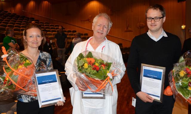 Excellent researchers 2016: Pål Aukrust (Excellent Researcher Award) (center) flanked by  Therese Seierstad og Espen Melum (both Early Career Awards).(photo Børge Einrem)